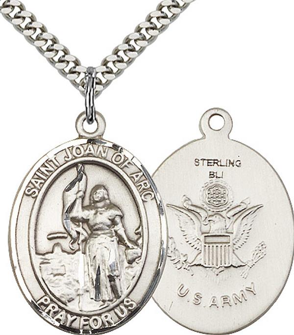 St. Joan of Arc Army Medal, 1" tall, Sterling Silver, Your Choice of Chain, # 2458