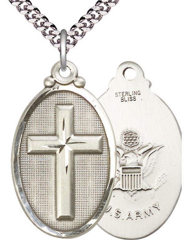 Army Oval Cross Medal, 1-1/8" tall, Sterling Silver, Your Choice of Chain, # 2463