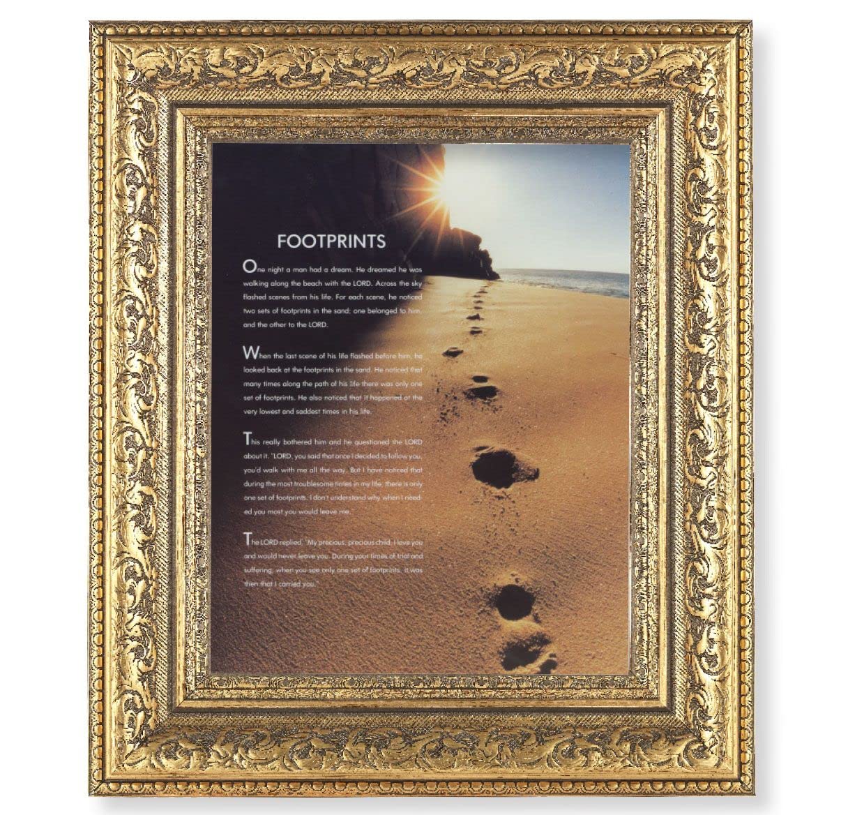 Footprints Picture, 12-1/2"x14-1/2, Antique Gold Leaf Carvings Ornate Frame, Italian Print Under Glass # 25449
