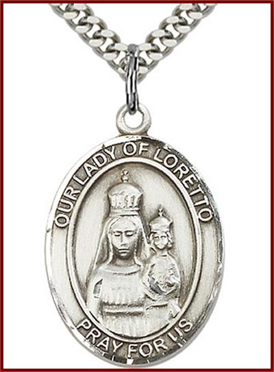 Our Lady of Loretto Medal, Sterling Silver, 1"x3/4", Your Choice of Chain, # 24986