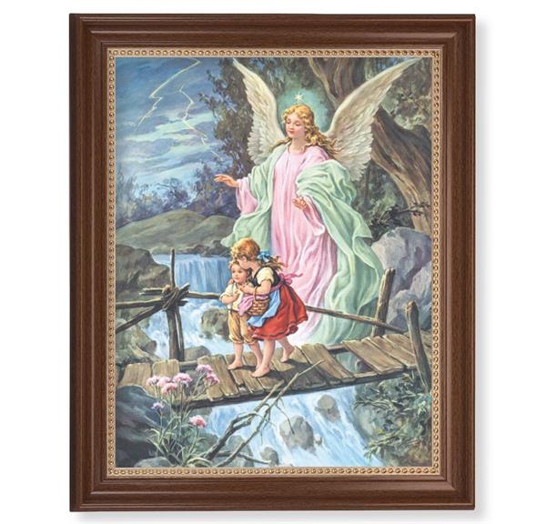 Guardian Angel Picture, 13-1/2"x16-9/16 Walnut Finish Frame with Gold Beaded Lip, Textured Italian Print # 25221