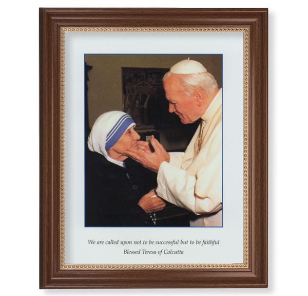St. John Paul II & St. Teresa of Calcutta Picture, 13-1/2"x16-9/16 Walnut Finish Frame with Gold Beaded Lip, Textured Italian Print # 25224
