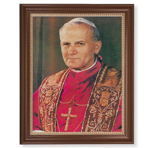 Saint John Paul II Picture, 13-1/2"x16-9/16 Walnut Finish Frame with Gold Beaded Lip, Textured Italian Print # 25225