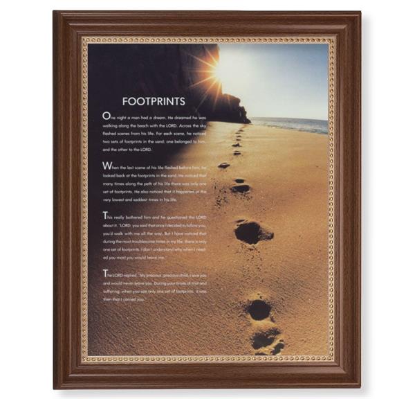 Footprints Picture, 13-1/2"x16-9/16 Walnut Finish Frame with Gold Beaded Lip, Textured Italian Print # 25227