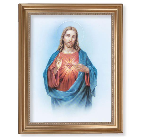 Sacred Heart Picture, 13-1/2"x16-9/16 Gold-Leaf Fluted Frame with Beaded Lip, Textured Italian Print # 25237
