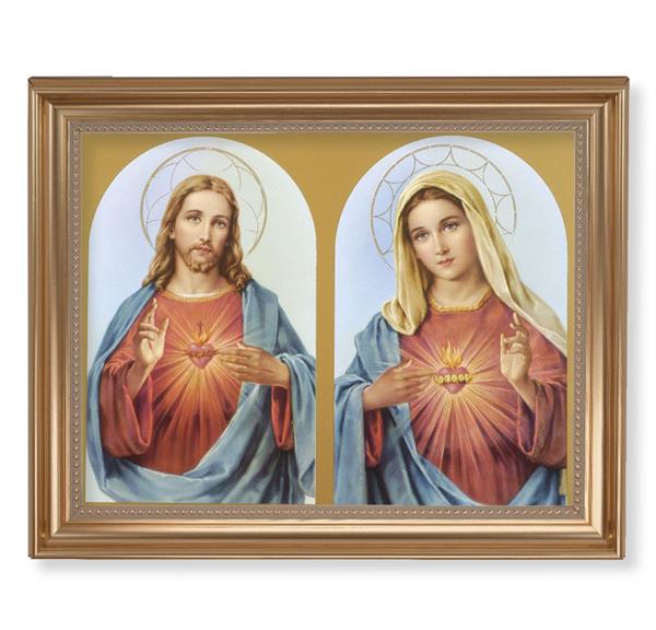The Sacred Hearts Picture, 13-1/2"x16-9/16 Gold-Leaf Fluted Frame with Beaded Lip, Textured Italian Print # 25239