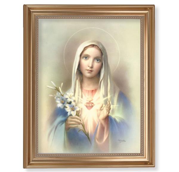 Immaculate Heart of Mary Picture, 13-1/2"x16-9/16 Gold-Leaf Fluted Frame with Beaded Lip, Textured Italian Print # 25242