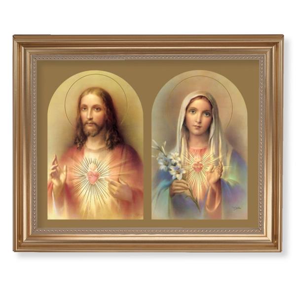 The Sacred Hearts Picture, 13-1/2"x16-9/16 Gold-Leaf Fluted Frame with Beaded Lip, Textured Italian Print # 25243