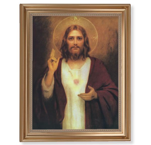 Chambers: Sacred Heart Picture, 13-1/2"x16-9/16 Gold-Leaf Fluted Frame with Beaded Lip, Textured Italian Print # 25244