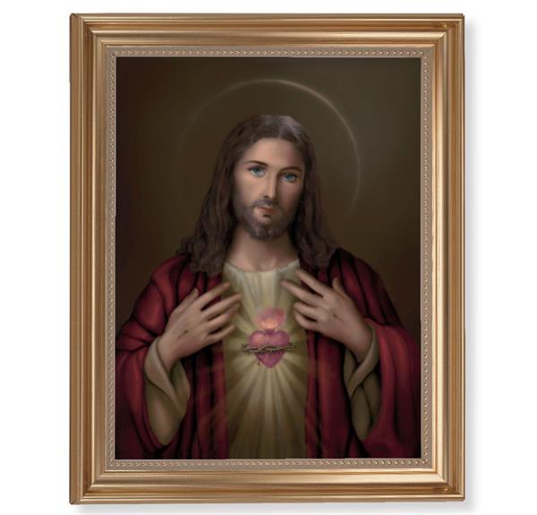 Sacred Heart Picture, 13-1/2"x16-9/16 Gold-Leaf Fluted Frame with Beaded Lip, Textured Italian Print # 25247