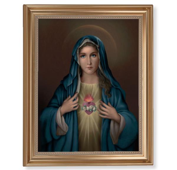 Immaculate Heart of Mary Picture, 13-1/2"x16-9/16 Gold-Leaf Fluted Frame with Beaded Lip, Textured Italian Print # 25248