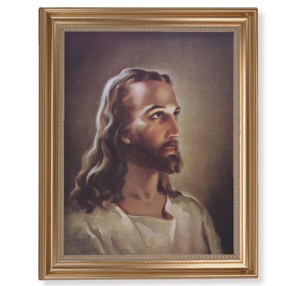 Sallman: Head of Christ Picture, 13-1/2"x16-9/16 Gold-Leaf Fluted Frame with Beaded Lip, Textured Italian Print # 25249