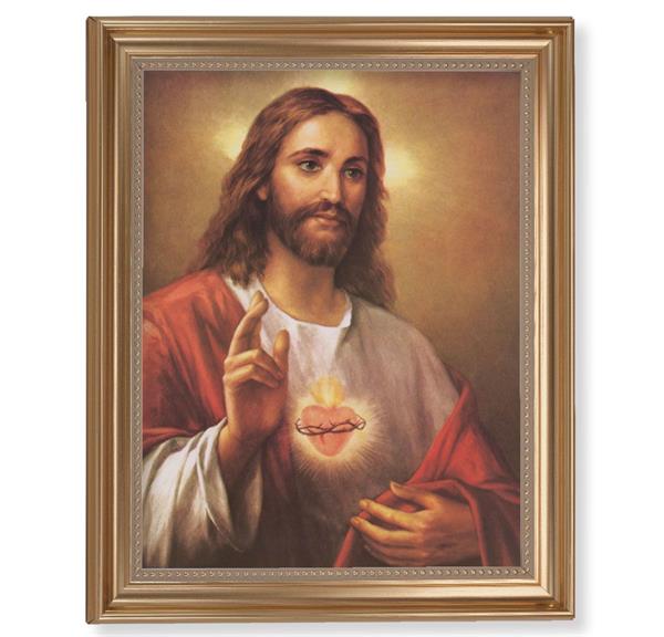 LaFuente: Sacred Heart Picture, 13-1/2"x16-9/16 Gold-Leaf Fluted Frame with Beaded Lip, Textured Italian Print # 25250