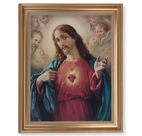 Sacred Heart Picture, 13-1/2"x16-9/16 Gold-Leaf Fluted Frame with Beaded Lip, Textured Italian Print # 25252