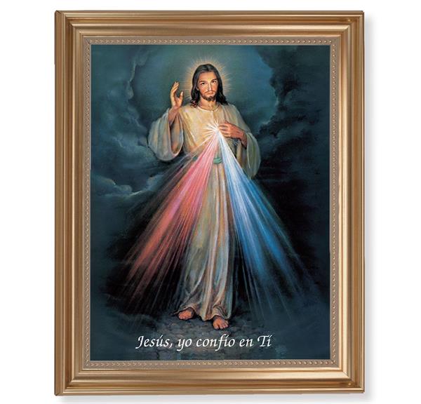 Spanish Divine Mercy Picture, 13-1/2"x16-9/16 Gold-Leaf Fluted Frame with Beaded Lip, Textured Italian Print # 25255