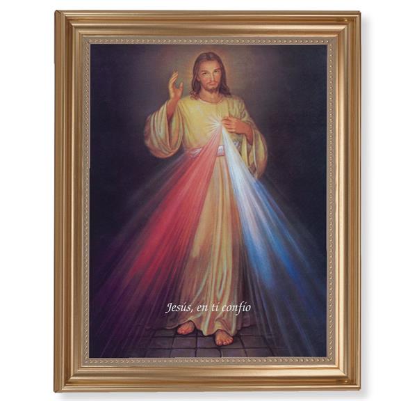 Spanish Divine Mercy Picture, 13-1/2"x16-9/16 Gold-Leaf Fluted Frame with Beaded Lip, Textured Italian Print # 25257