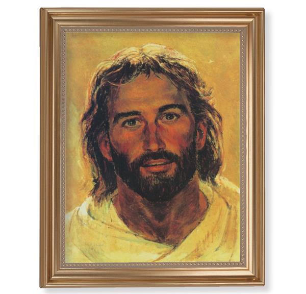 Hooks: Head of Christ Picture, 13-1/2"x16-9/16 Gold-Leaf Fluted Frame with Beaded Lip, Textured Italian Print # 25258