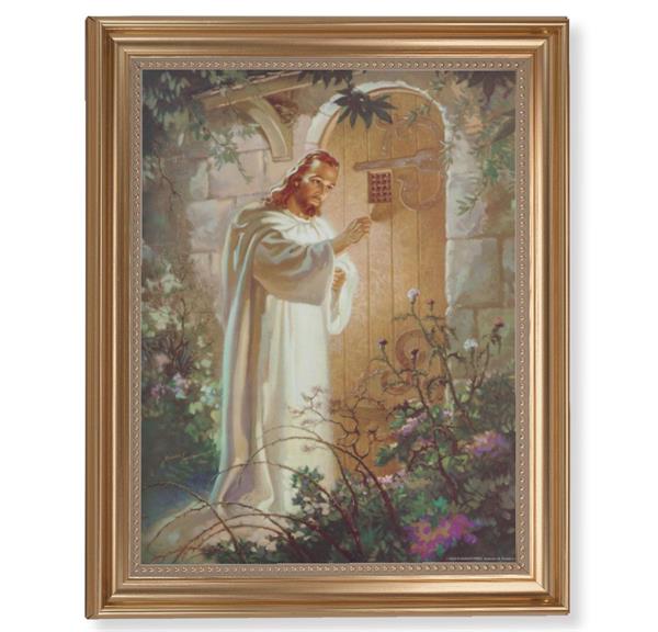 Sallman: Christ Knocking Picture, 13-1/2"x16-9/16 Gold-Leaf Fluted Frame with Beaded Lip, Textured Italian Print # 25271