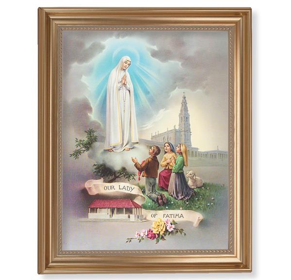 Our Lady of Fatima Picture, 13-1/2"x16-9/16 Gold-Leaf Fluted Frame with Beaded Lip, Textured Italian Print # 25278