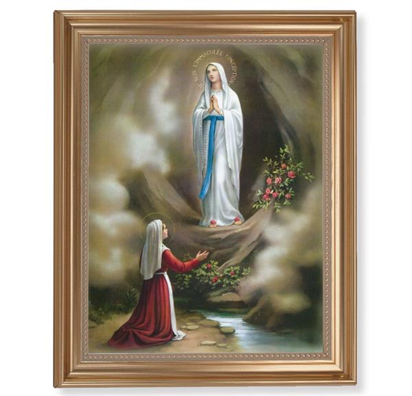 Our Lady of Lourdes Picture, 13-1/2"x16-9/16 Gold-Leaf Fluted Frame with Beaded Lip, Textured Italian Print # 25279