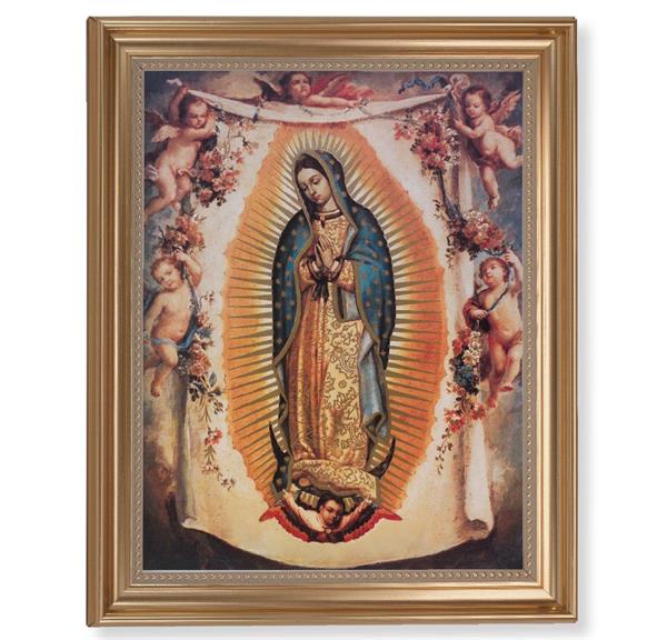 Our Lady of Guadalupe with Angels Picture, 13-1/2"x16-9/16 Gold-Leaf Fluted Frame with Beaded Lip, Textured Italian Print # 25290