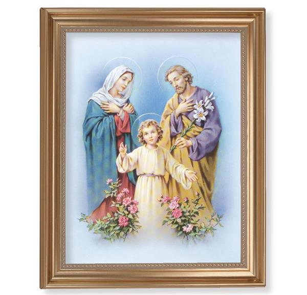 Holy Family Picture, 13-1/2"x16-9/16 Gold-Leaf Fluted Frame with Beaded Lip, Textured Italian Print # 25292
