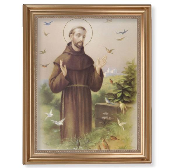 Saint Francis Picture, 13-1/2"x16-9/16 Gold-Leaf Fluted Frame with Beaded Lip, Textured Italian Print # 25294