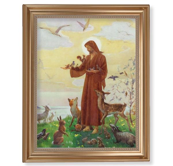 Our Lord with Animals Picture, 13-1/2"x16-9/16 Gold-Leaf Fluted Frame with Beaded Lip, Textured Italian Print # 25295