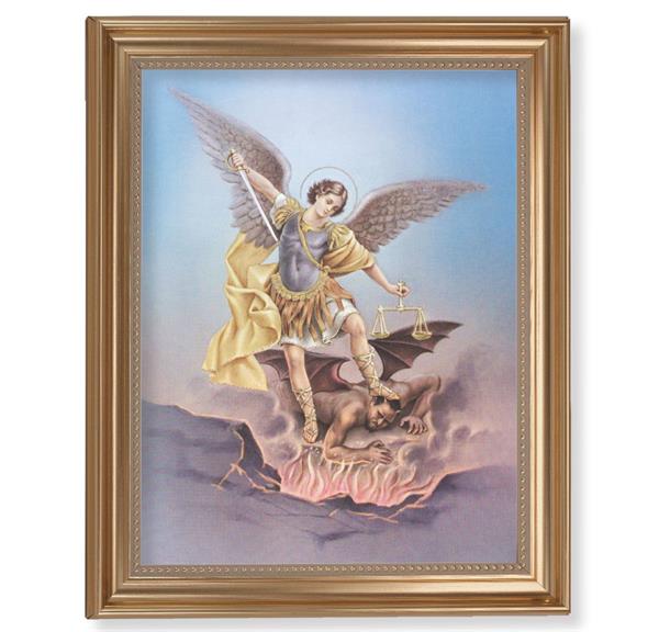 Saint Michael Picture, 13-1/2"x16-9/16 Gold-Leaf Fluted Frame with Beaded Lip, Textured Italian Print # 25299