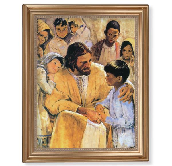 Hook: Christ with Children Picture, 13-1/2"x16-9/16 Gold-Leaf Fluted Frame with Beaded Lip, Textured Italian Print # 25304