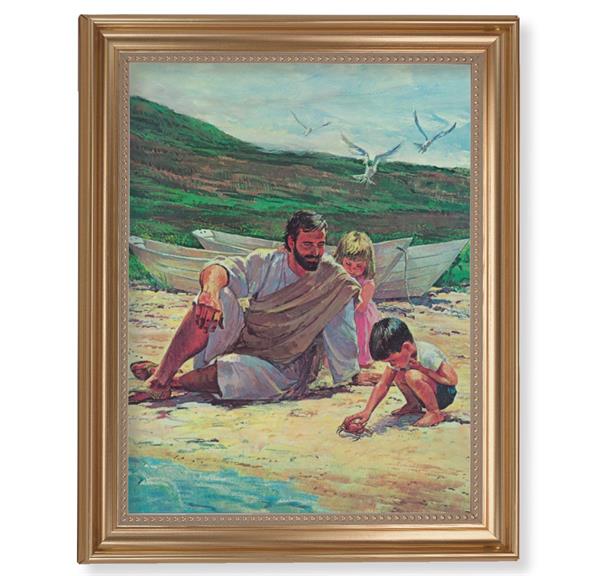 Hook: Jesus on The Beach with Children Picture, 13-1/2"x16-9/16 Gold-Leaf Fluted Frame with Beaded Lip, Textured Italian Print # 25306