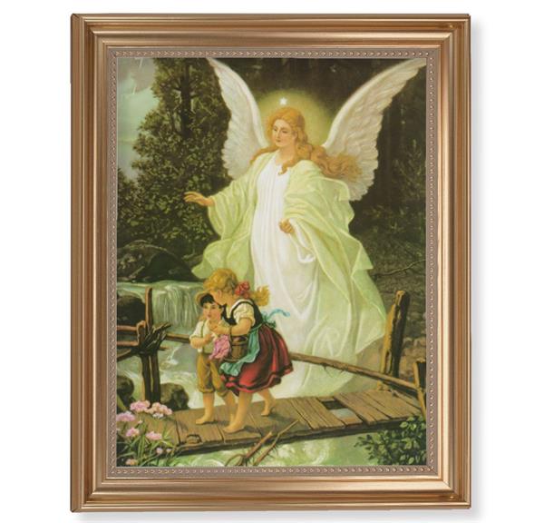Guardian Angel Picture, 13-1/2"x16-9/16 Gold-Leaf Fluted Frame with Beaded Lip, Textured Italian Print # 25311