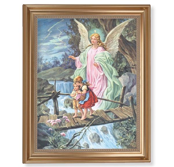 Guardian Angel Picture, 13-1/2"x16-9/16 Gold-Leaf Fluted Frame with Beaded Lip, Textured Italian Print # 25312