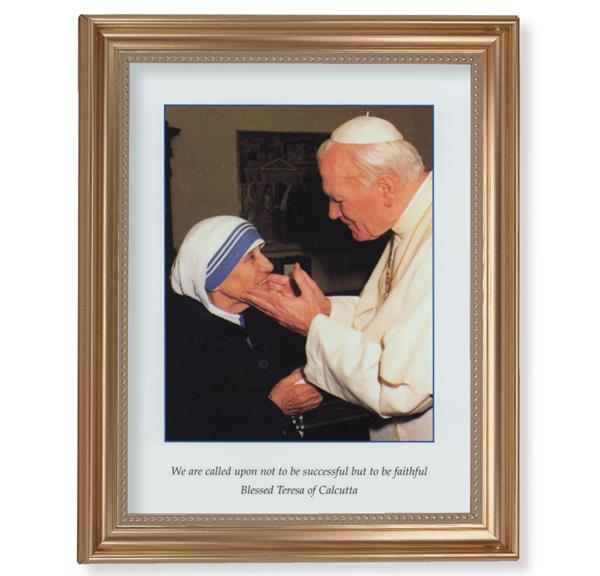 St. John Paul II & St. Teresa of Calcutta Picture, 13-1/2"x16-9/16 Gold-Leaf Fluted Frame with Beaded Lip, Textured Italian Print # 25315