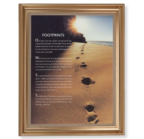 Footprints Picture, 13-1/2"x16-9/16 Gold-Leaf Fluted Frame with Beaded Lip, Textured Italian Print # 25320