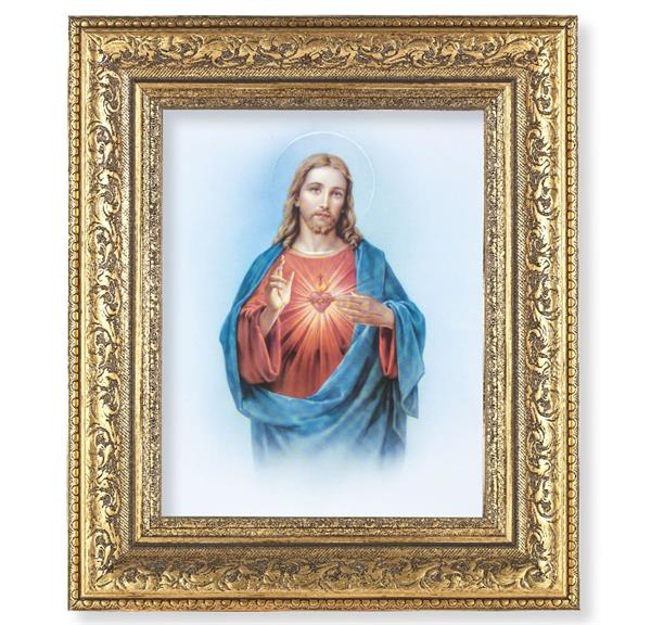 Sacred Heart Picture, 12-1/2"x14-1/2, Antique Gold Leaf Carvings Ornate Frame, Italian Print Under Glass # 25421