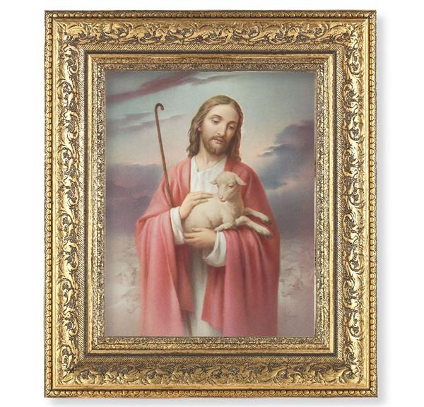 Good Shepherd Picture, 12-1/2"x14-1/2, Antique Gold Leaf Carvings Ornate Frame, Italian Print Under Glass # 25422
