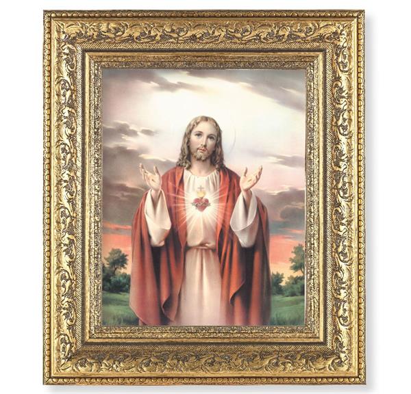 Sacred Heart of Jesus Picture, 12-1/2"x14-1/2, Antique Gold Leaf Carvings Ornate Frame, Italian Print Under Glass # 25423