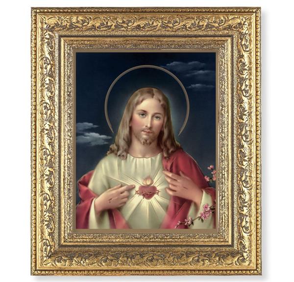 Sacred Heart of Jesus Picture, 12-1/2"x14-1/2, Antique Gold Leaf Carvings Ornate Frame, Italian Print Under Glass # 25424