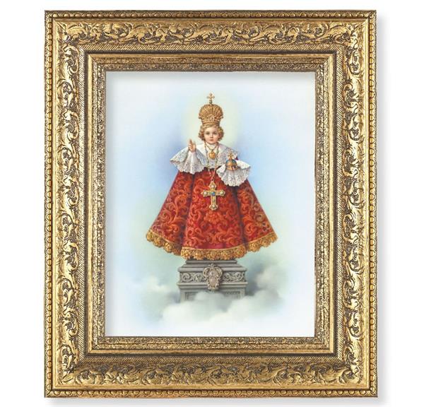 Infant of Prague Picture, 12-1/2"x14-1/2, Antique Gold Leaf Carvings Ornate Frame, Italian Print Under Glass # 25425