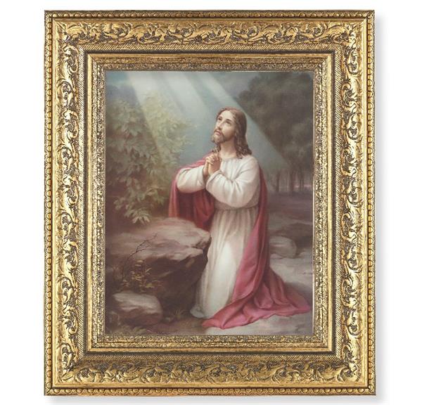 Christ on The Mount of Olives Picture, 12-1/2"x14-1/2, Antique Gold Leaf Carvings Ornate Frame, Italian Print Under Glass # 25426
