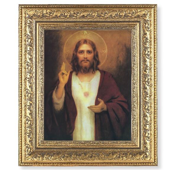 Sacred Heart of Jesus Picture, 12-1/2"x14-1/2, Antique Gold Leaf Carvings Ornate Frame, Italian Print Under Glass # 25427