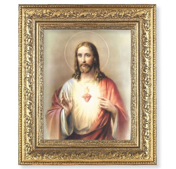 Sacred Heart of Jesus Picture, 12-1/2"x14-1/2, Antique Gold Leaf Carvings Ornate Frame, Italian Print Under Glass # 25429