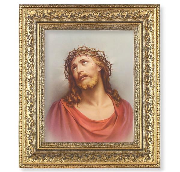 Christ in Agony Picture, 12-1/2"x14-1/2, Antique Gold Leaf Carvings Ornate Frame, Italian Print Under Glass # 25430