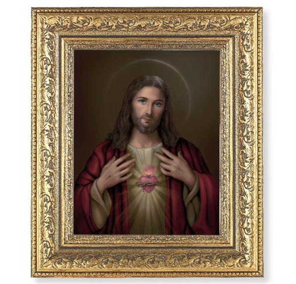Sacred Heart of Jesus Picture, 12-1/2"x14-1/2, Antique Gold Leaf Carvings Ornate Frame, Italian Print Under Glass # 25431