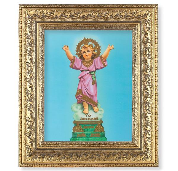Divino Nino Picture, 12-1/2"x14-1/2, Antique Gold Leaf Carvings Ornate Frame, Italian Print Under Glass # 25433