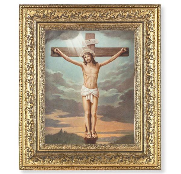 Crucifixion Picture, 12-1/2"x14-1/2, Antique Gold Leaf Carvings Ornate Frame, Italian Print Under Glass # 25434