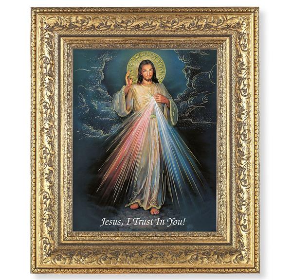 Divine Mercy Picture, 12-1/2"x14-1/2, Antique Gold Leaf Carvings Ornate Frame, Italian Gold Stamped Print Under Glass # 25436