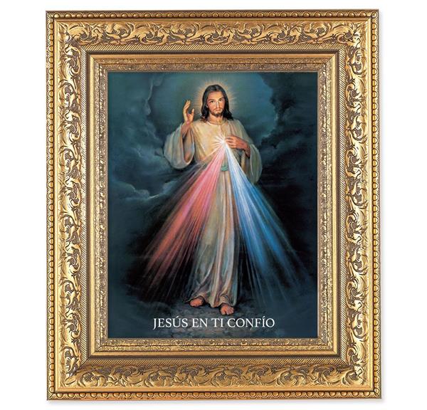 Spansh Divine Mercy Picture, 12-1/2"x14-1/2, Antique Gold Leaf Carvings Ornate Frame, Italian Print Under Glass # 25437