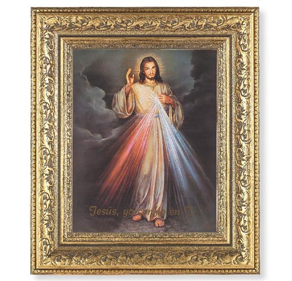 Spansh Divine Mercy Picture, 12-1/2"x14-1/2, Antique Gold Leaf Carvings Ornate Frame, Italian Gold Stamped Print Under Glass # 25438